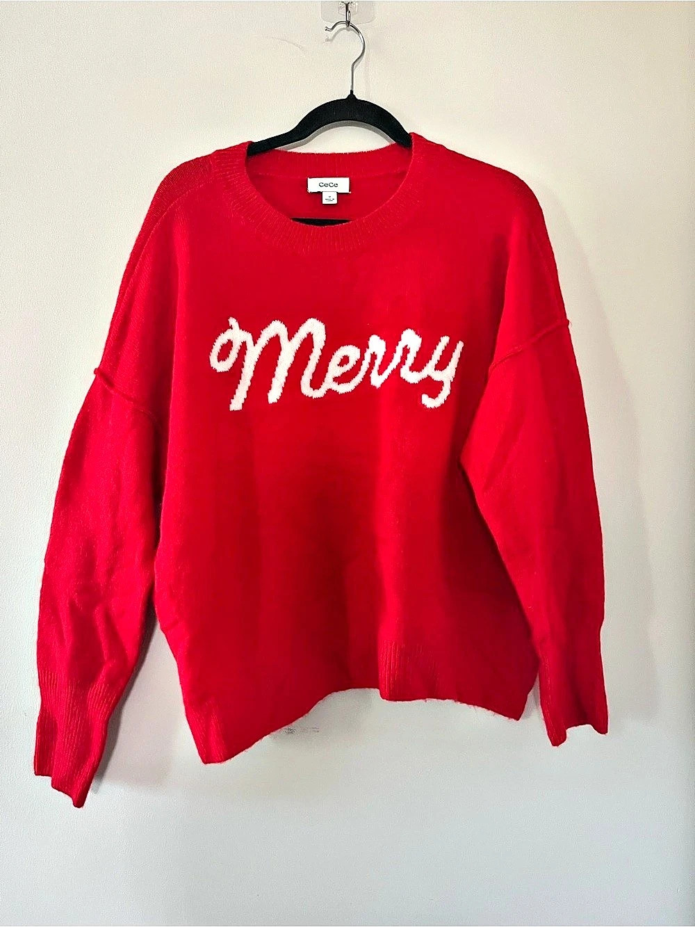 Cece Red Merry Christmas Knit Sweater Medium Oversized Holiday Party Festive